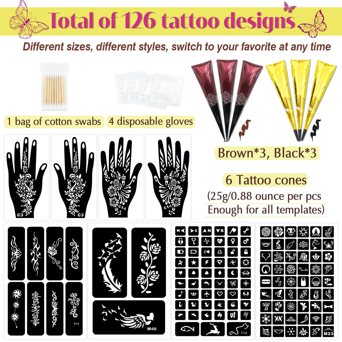 MuseLuxe 126 PCS Temporary Tattoos Stencils Kit,Temporary Tattoos Kit - 6 Pcs 2 Color(Brown Black) Ink with Gloves,DIY Body Art Painting for Women Men Beauty and Personal Care MuseLuxe