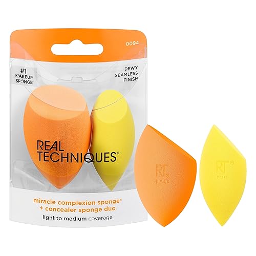 Real Techniques Miracle Complexion Sponge + Concealer Sponge Duo, Makeup Blending Sponges For Foundation & Concealer, Offers Light To Medium Coverage