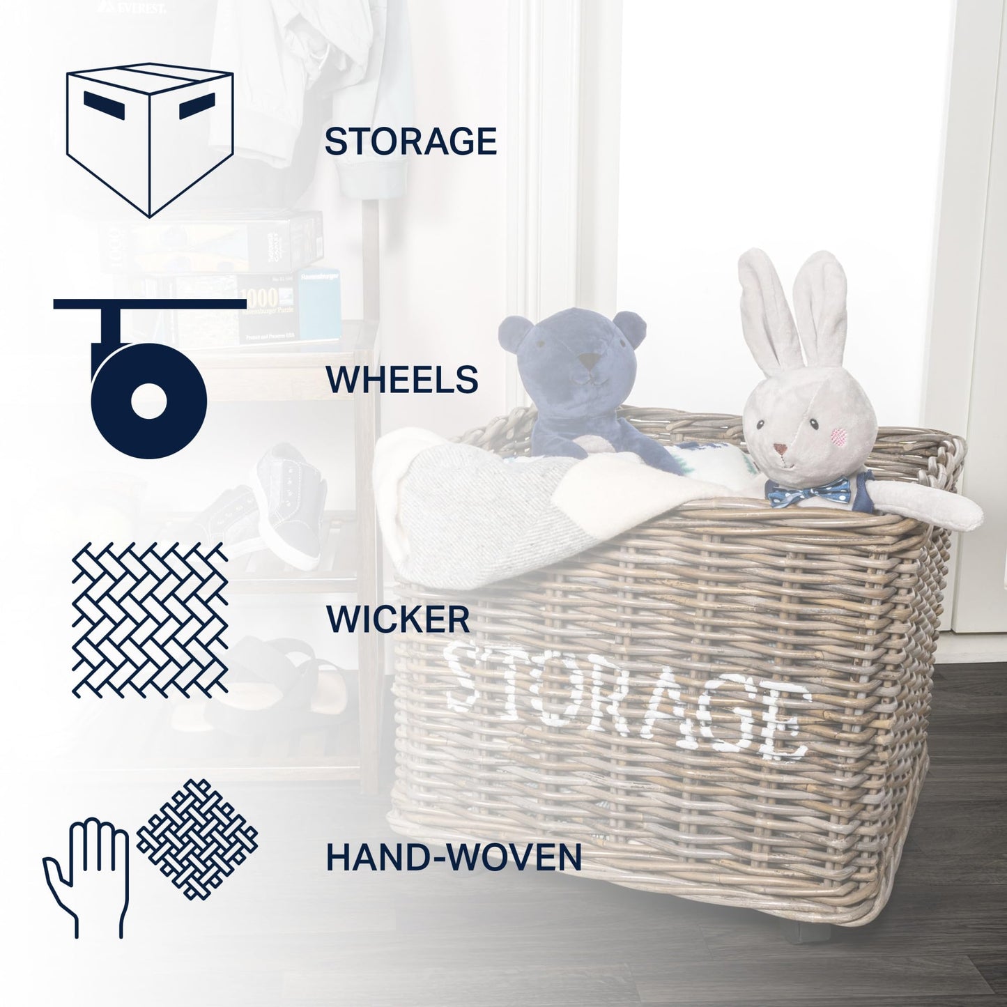 happimess BSK1001A Yael Coastal Hand-Woven "STORAGE" Rattan Basket with Wheels and Handles for Storage and Decoration in Bedroom, Living Room…