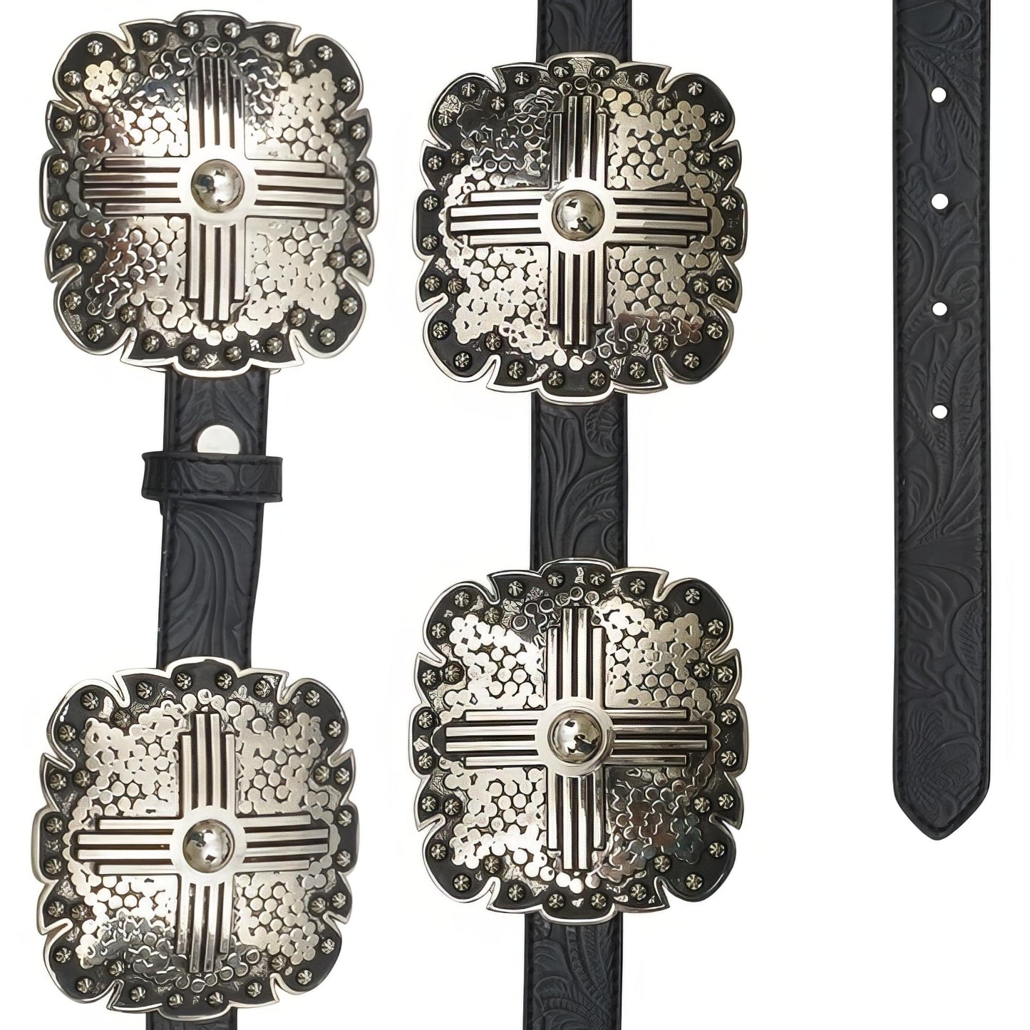 Angel Ranch Ladies Black Floral Embossed Leather Belt with Antique Silver Tone Square Conchos, Removable Buckle, Large