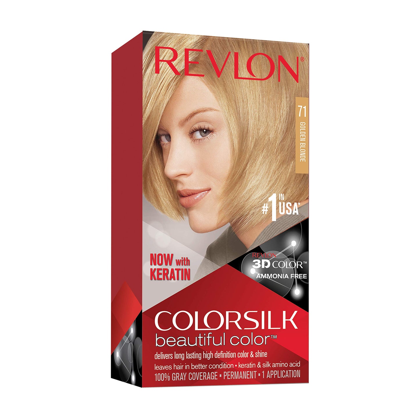 REVLON Colorsilk Beautiful Color Permanent Hair Color with 3D Gel Technology & Keratin, 100% Gray Coverage Hair Dye, 71 Golden Blonde