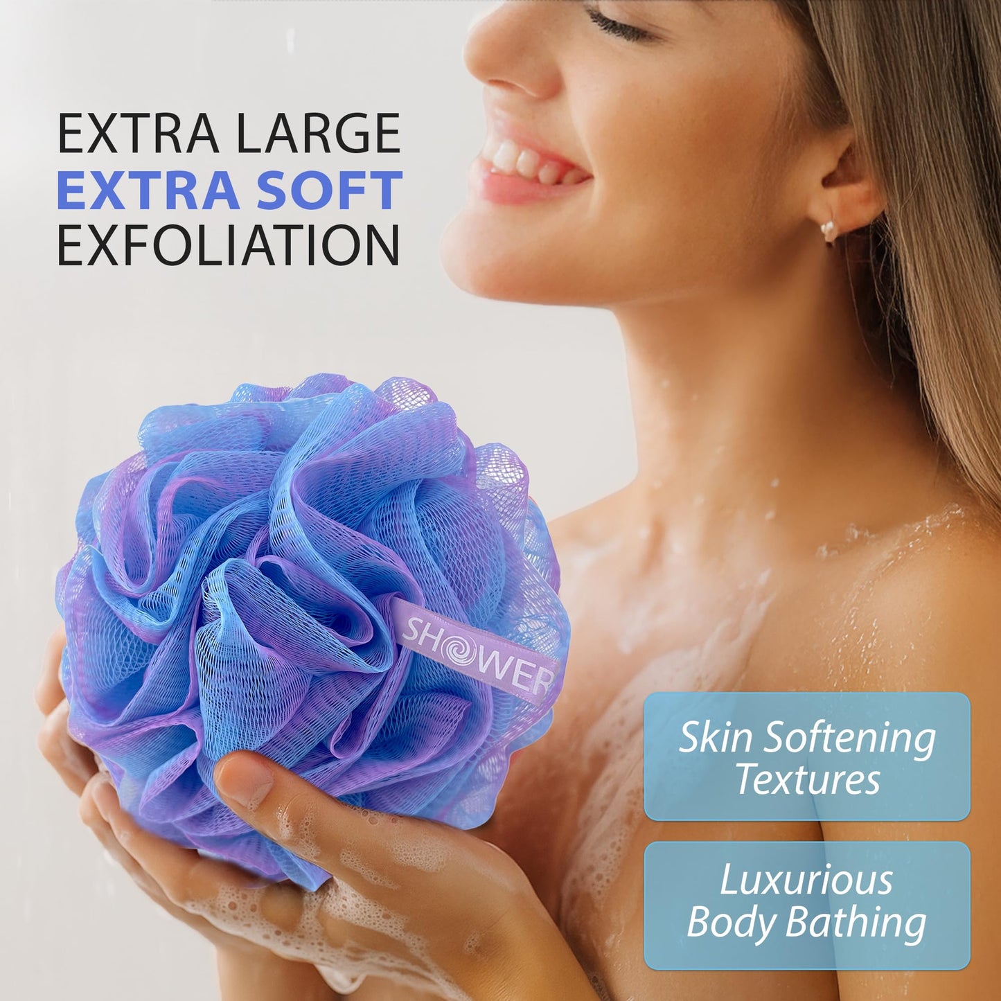 SHOWER BOUQUET Loofah Bath-Sponge XL Swirl-Deep-4-Pack // Extra Large 75g Soft Mesh Net Luffa Loofa Loufa Lufa Puff Set/Exfoliating Body Scrubber