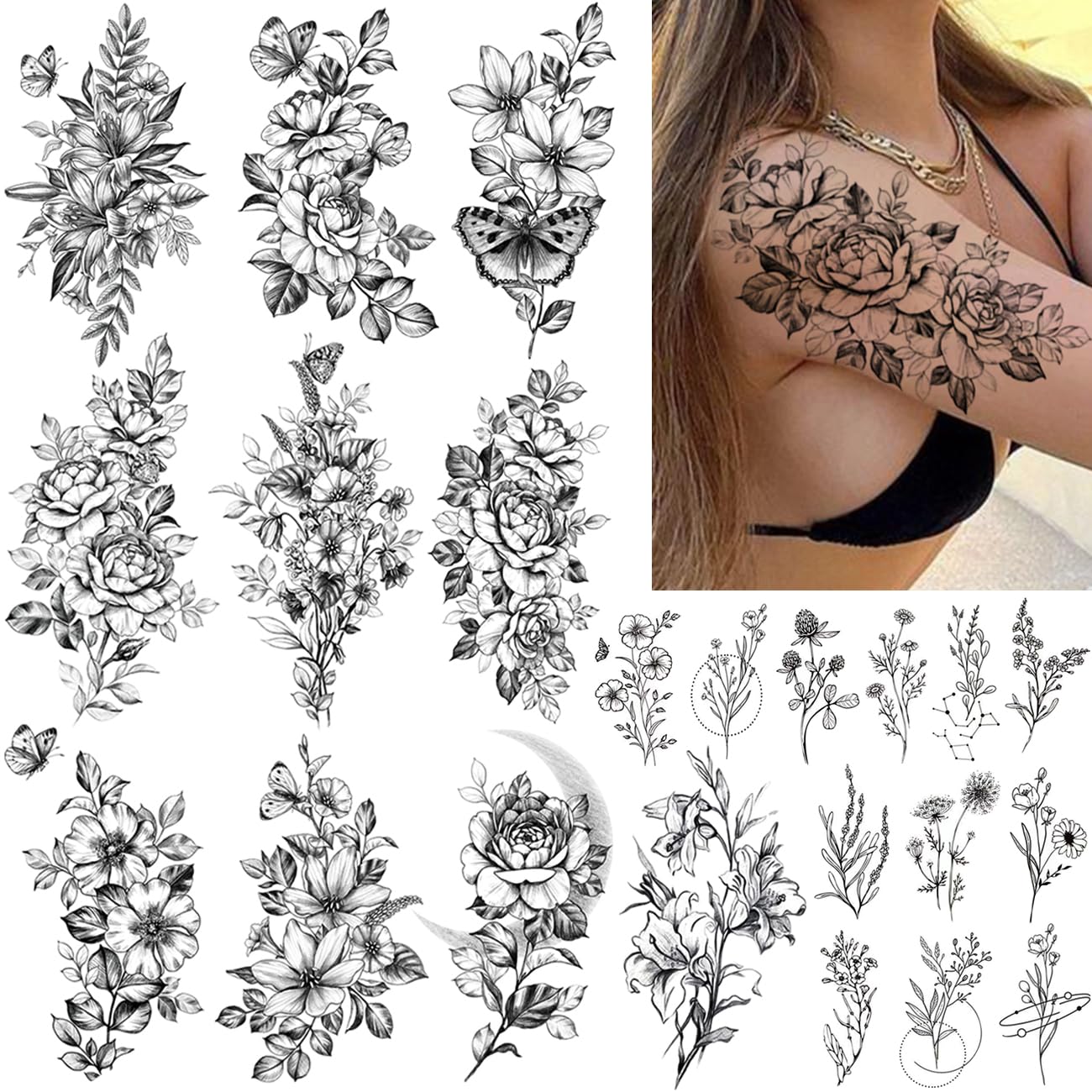 CHARLENT 23 Sheets Flower Temporary Tattoos For Women - Waterproof Realistic Rose Orchid Tattoos Tiny Branch Sketch Fake Tattoos for Women Body Art Beauty and Personal Care CHARLENT