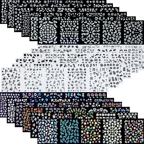 4500 Pieces Flowers Nail Stickers Kit 90 Sheets 3D Mini Nail Art Stickers Black White Colorful Various Patterns Flower Decals Self-Adhesive False