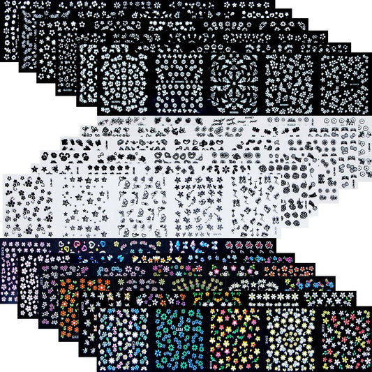 4500 Pieces Flowers Nail Stickers Kit 90 Sheets 3D Mini Nail Art Stickers Black White Colorful Various Patterns Flower Decals Self-Adhesive False Beauty & Personal Care Tazimi