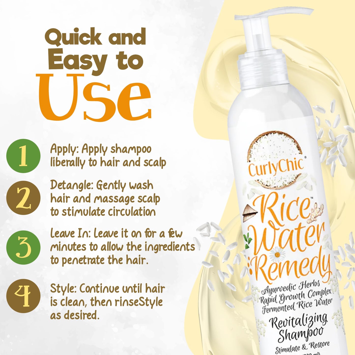 Curly Chic Rice Water Remedy Revitalizing Shampoo - Cleanse, Stimulate & Restore Curls - Nutrient-Rich Ayurvedic Herbs, Fermented Rice Water