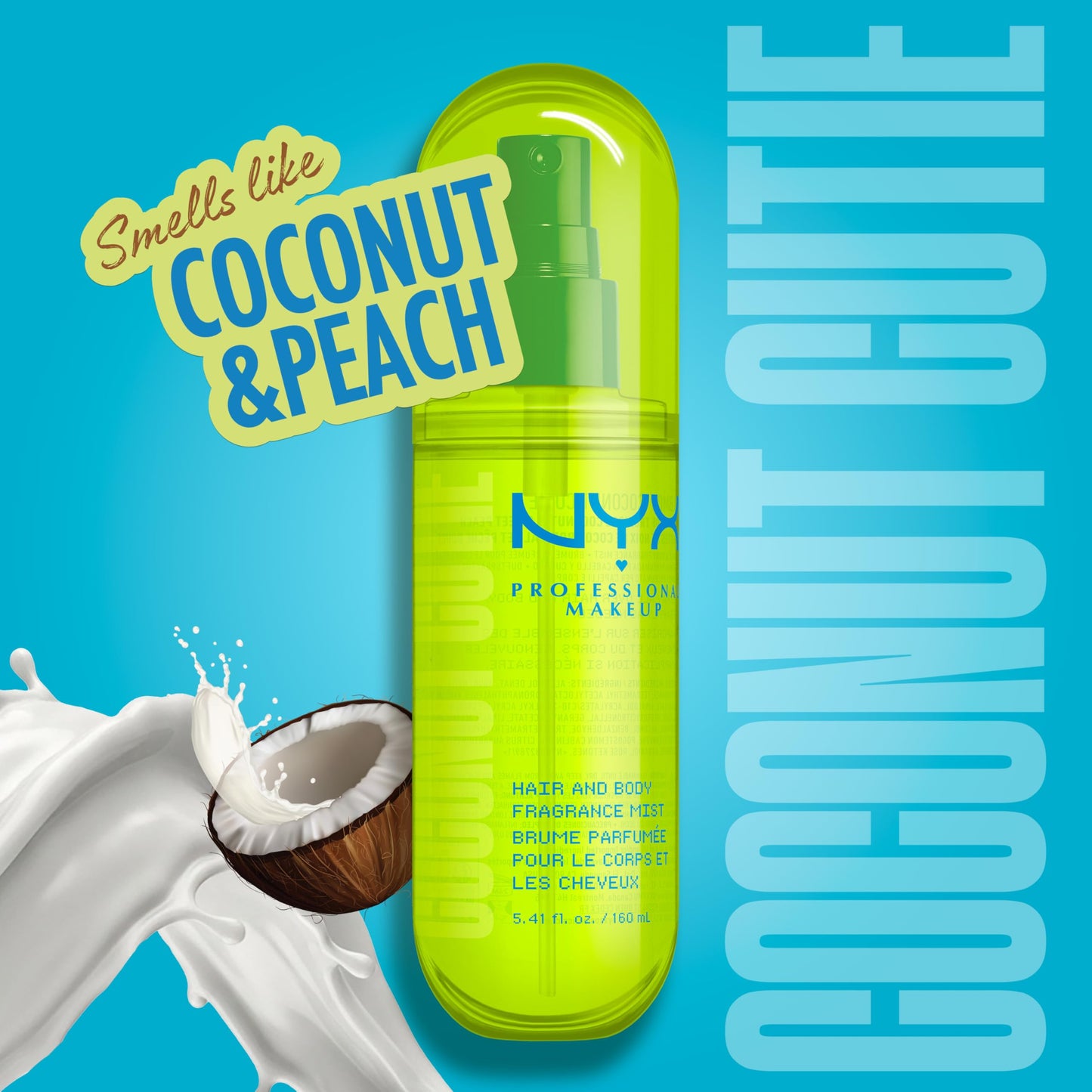 NYX PROFESSIONAL MAKEUP Fat Oil Fragrance Mist Perfume in Coconut Cutie, Coconut Scented Long Lasting Hair & Body Spray With Peach & Apple Notes