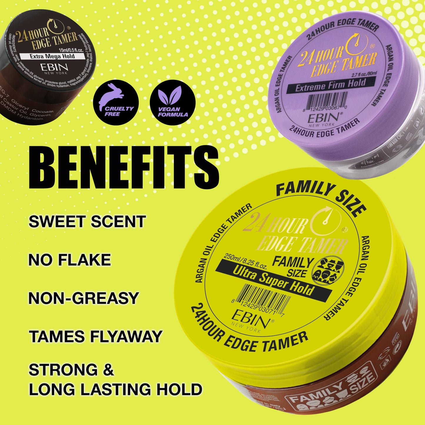 EBIN NEW YORK 24 Hour Edge Tamer Extra Mega Hold 1.01Fl Oz Strong Edge Control Gel, No Flaking, Sleek Smooth Finish, Long Lasting, Argan & Castor Oil