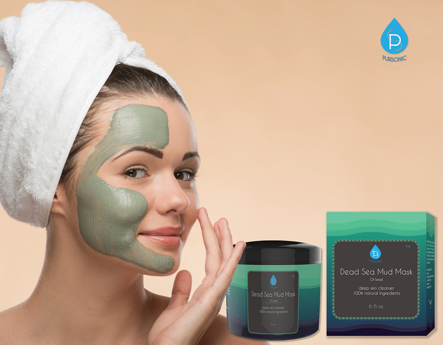 Pursonic Dead Sea Mud Mask For Face, Acne, Oily Skin & Blackheads, 100% Natural For Younger Looking Skin 8oz