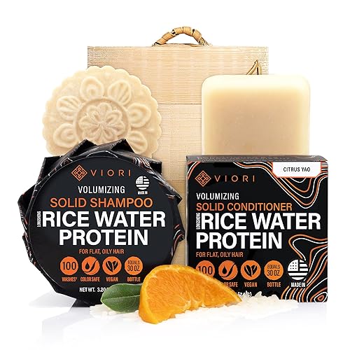 Viori Citrus Yao Shampoo and Conditioner Bar Set and Bamboo Holder - Made with Rice Water for Hair Growth - Handcrafted Sulfate Free Shampoo