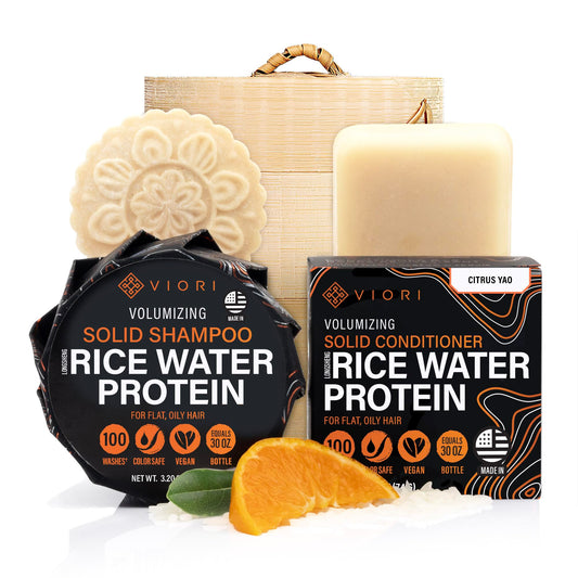 Viori Citrus Yao Shampoo and Conditioner Bar Set and Bamboo Holder - Made with Rice Water for Hair Growth - Handcrafted Sulfate Free Shampoo