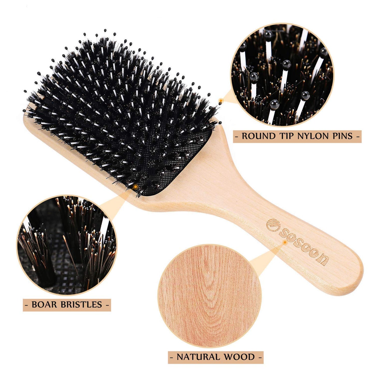 Hair Brush, Sosoon Boar Bristle Paddle Hairbrush for Long Short Thick Thin Curly Straight Wavy Dry Hair for Men Women Kids, No More Tangle, Giftbox Beauty and Personal Care Sosoon