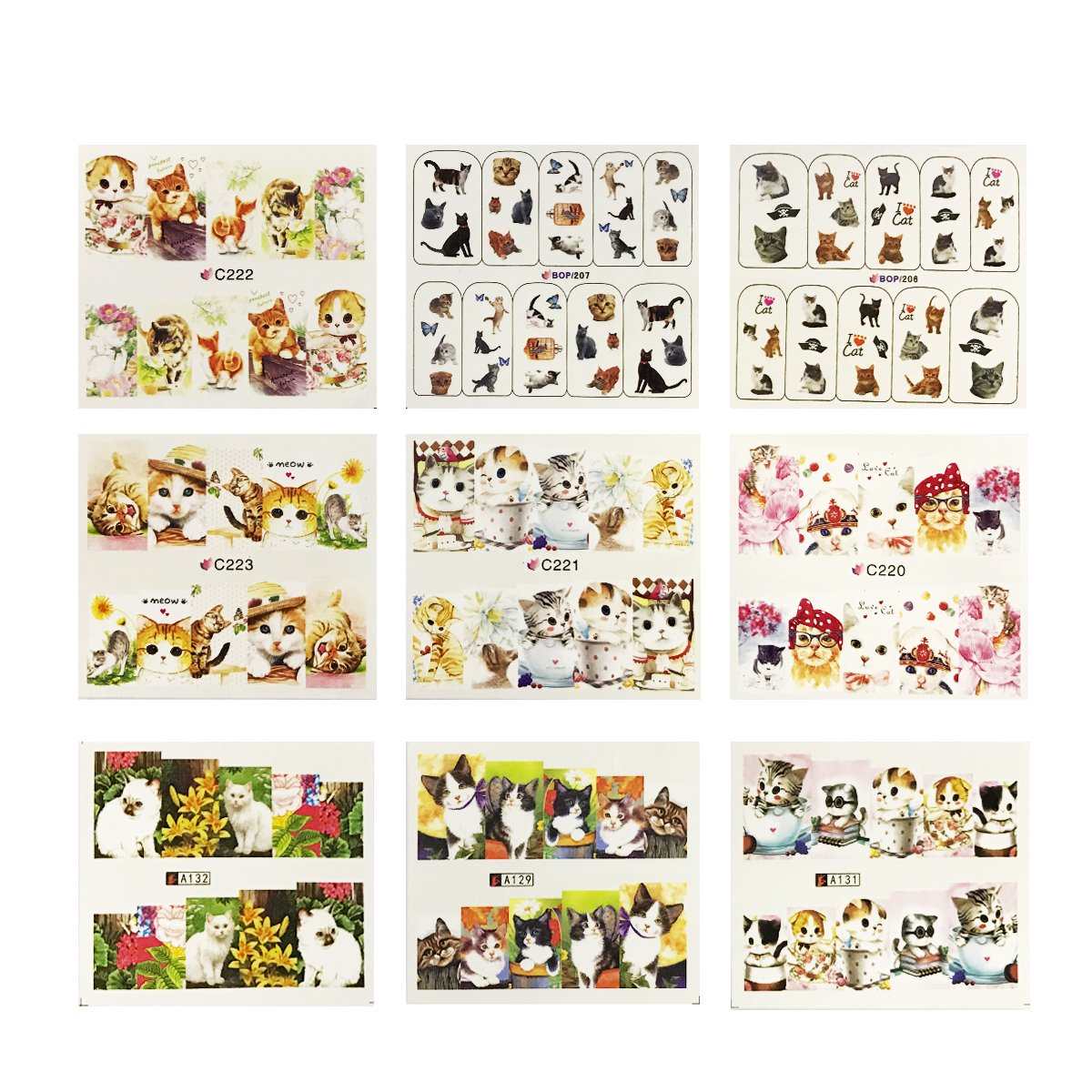 ALLYDREW 22 Sheets Cat Nail Art Water Slide Cat Nail Decals Kitty Water Transfer Nail Decals