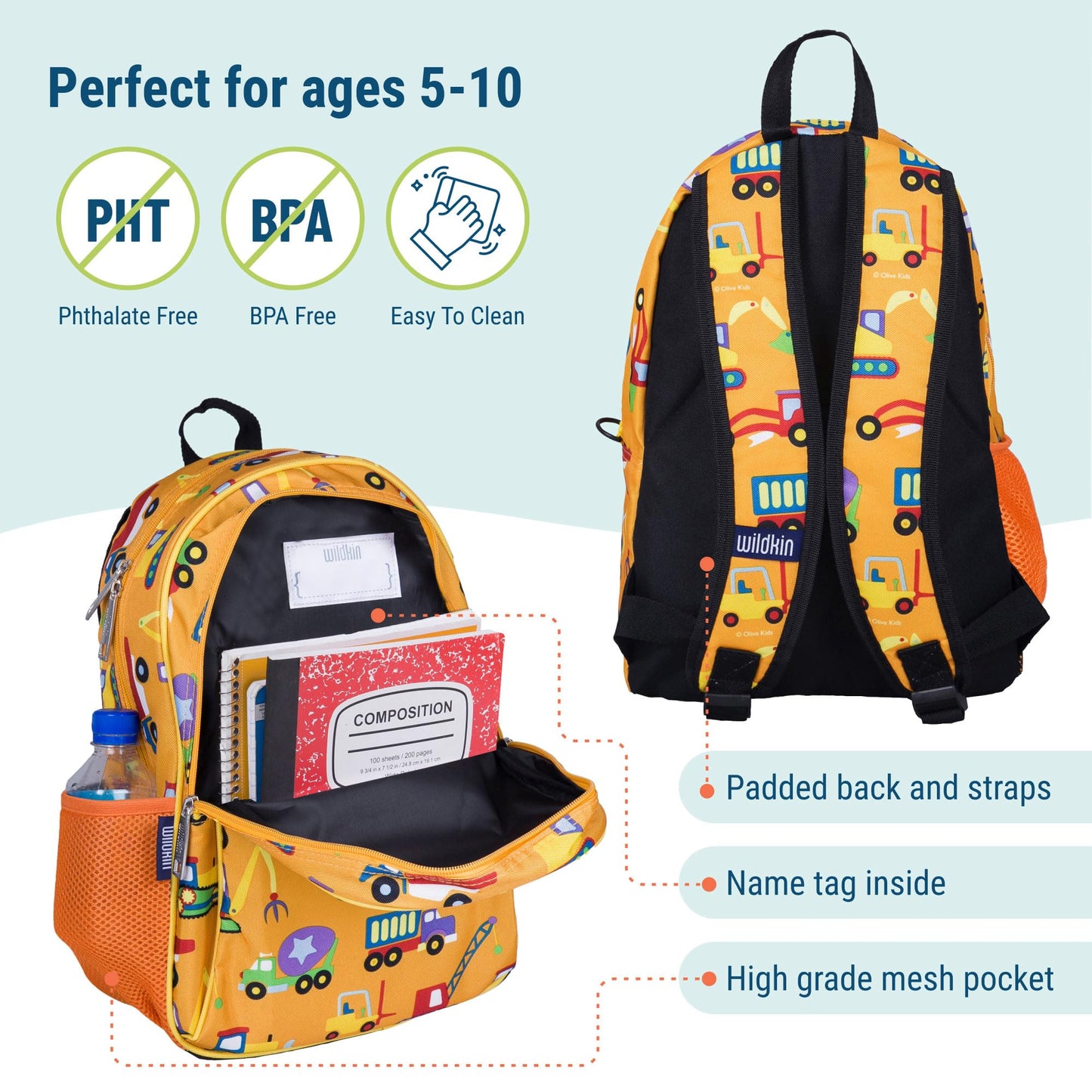 Wildkin 15-inch Kids Backpack - Durable, Padded, Adjustable for School & Travel - Under Construction