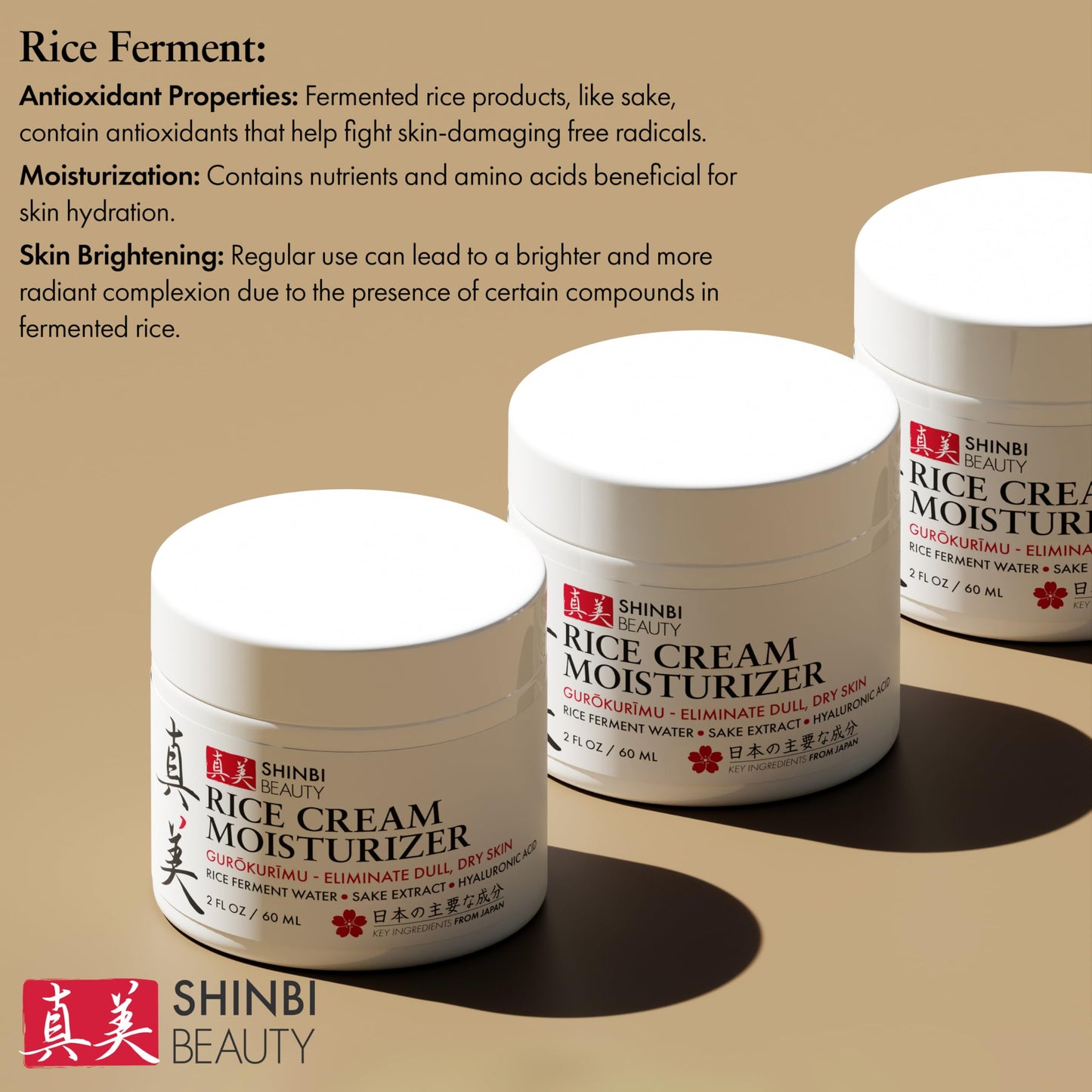 Shinbi Beauty Japanese Skincare Moisturizer for Face - Rice Cream With Rice Ferment + Sake Extract - J Beauty Natural Asian Skincare Products 2oz