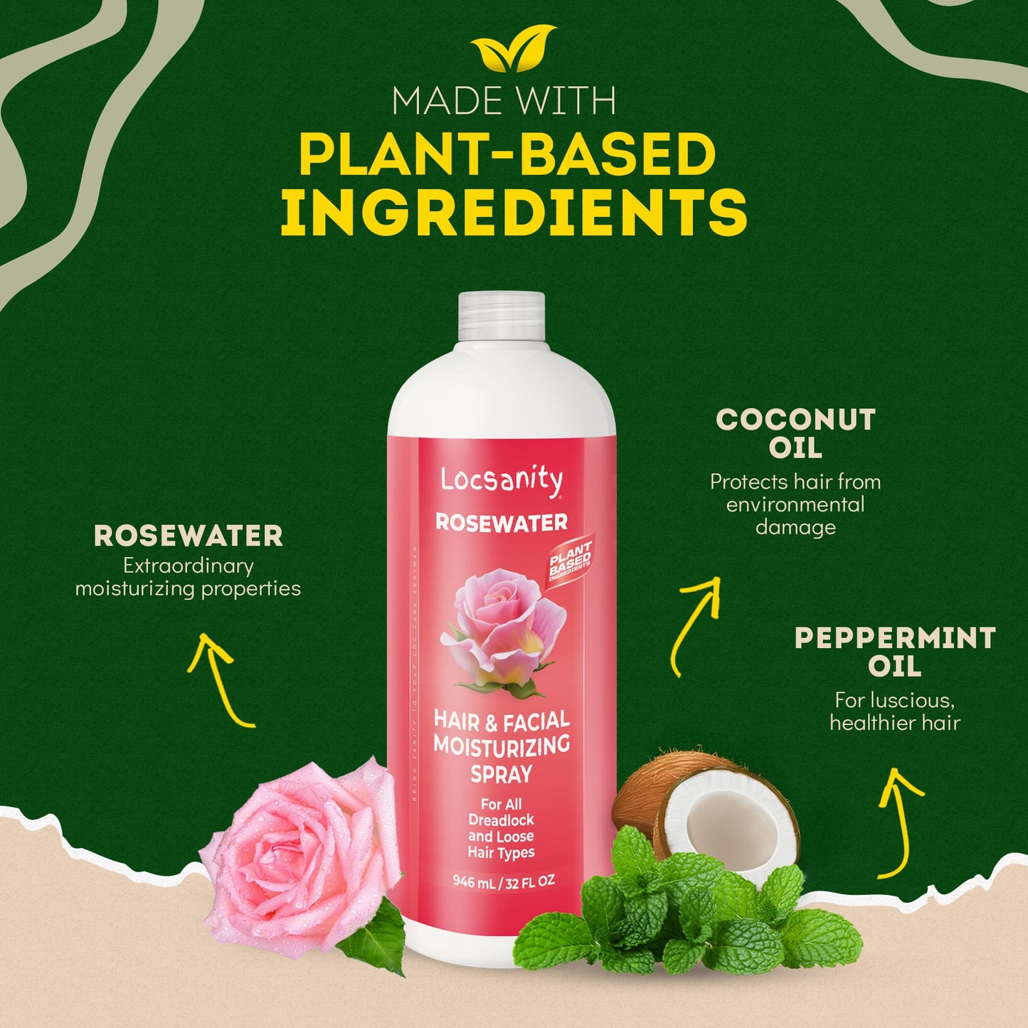 Locsanity Pure Rosewater Hair and Facial Spray - Jumbo Size Hydrating Face Mist to Soothe, Refresh, and Rejuvenate Skin, Reduce Oil and Buildup (32oz)