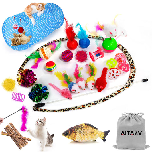 AILUKI 35-Piece Cat Toy Set – Assorted Kitten Toys with Tunnel, Feather Teaser, Catnip Fish, Mice, Balls & Bells for Cats, Kittens & Puppies