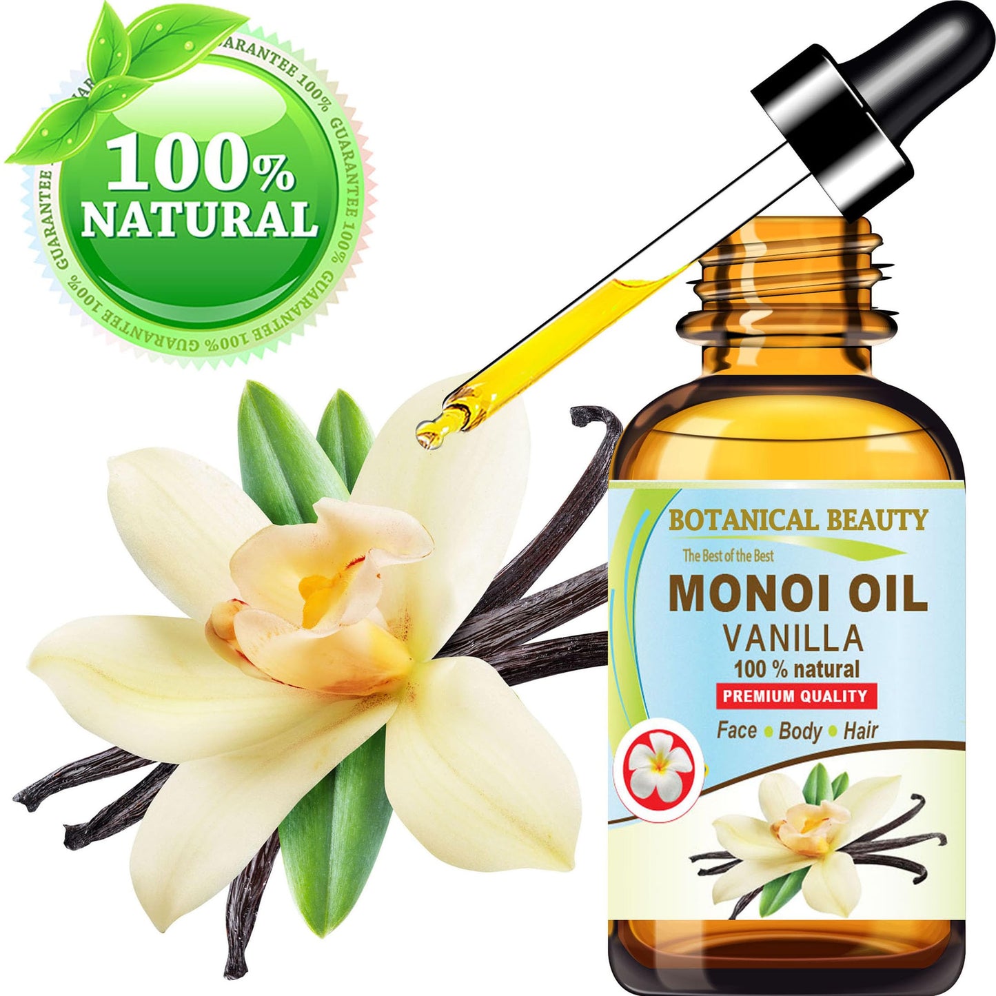 Botanical Beauty MONOI OIL VANILLA - Tiare flowers in Coconut Oil and Vanilla Bean Oil 100% Natural 2 Fl.oz - 60 ml Pure for FACE, SKIN, BODY, HAIR