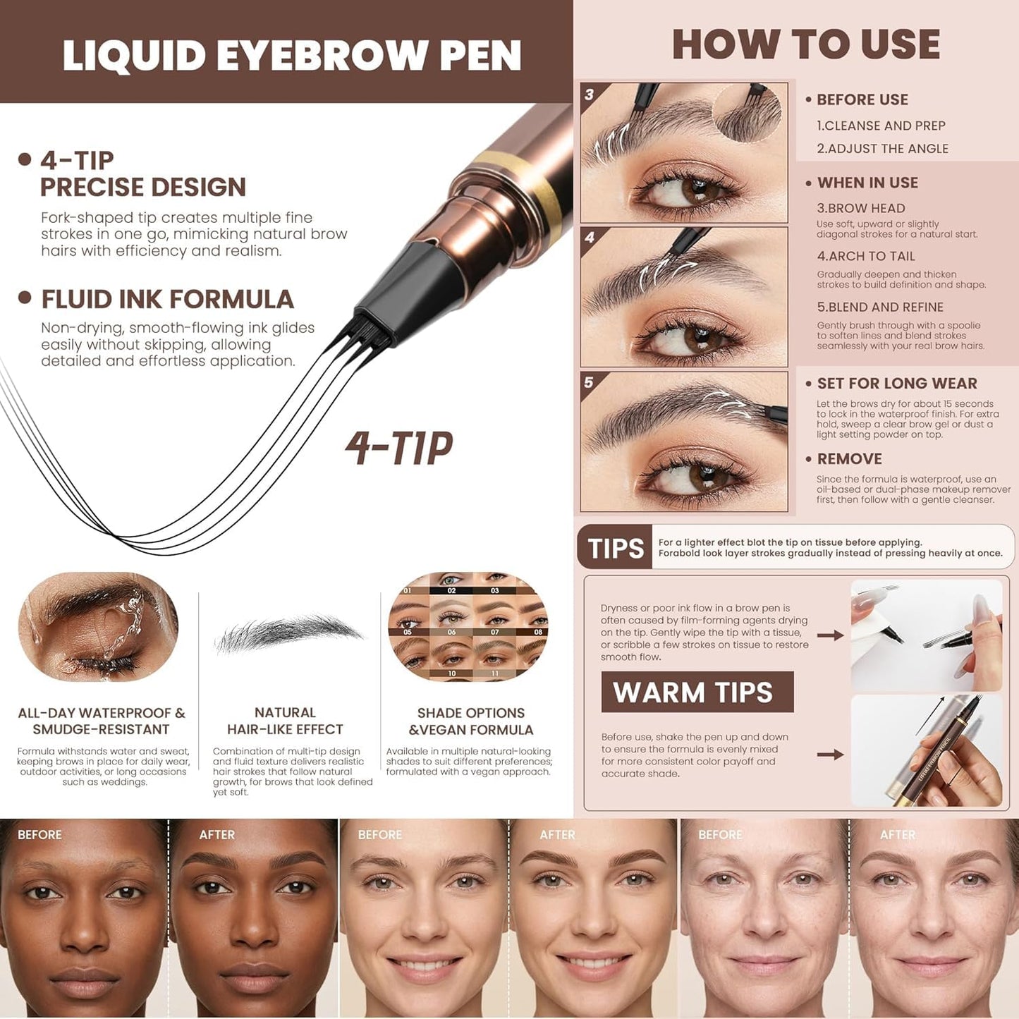2 Pack Eyebrow Pen, Waterproof Microblading Eyebrow Pencil, 4 Tip Precise Eye Brow Makeup Pen for Women to Effortlessly Create Hair Like Natural Beauty and Personal Care Espoce