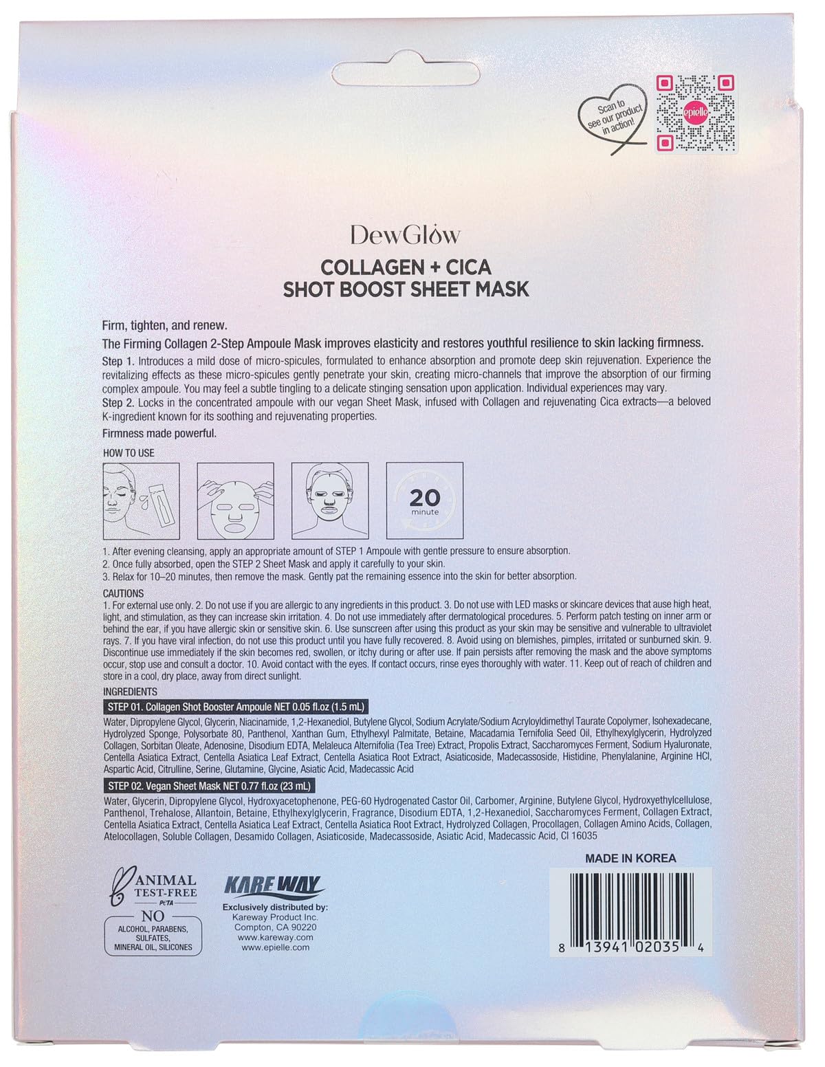 DewGlow Collagen + Cica Shot Boost Sheet Mask, Firming and Pore Care, 2-Step, 3 Pack
