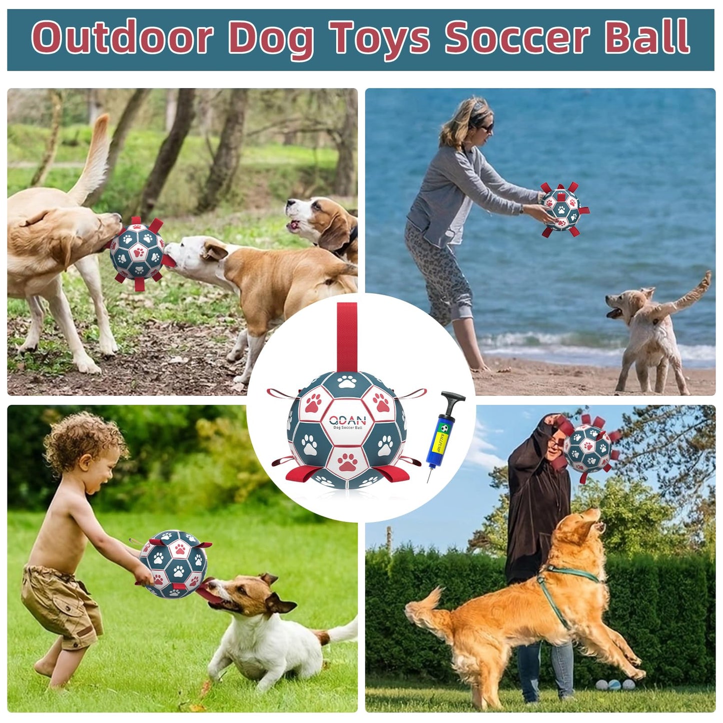 QDAN Premium Dog Soccer Ball Toy with Straps – Durable Training & Water Play Ball for Small/Medium Dogs – Puppy Birthday Gift, 6 Inch