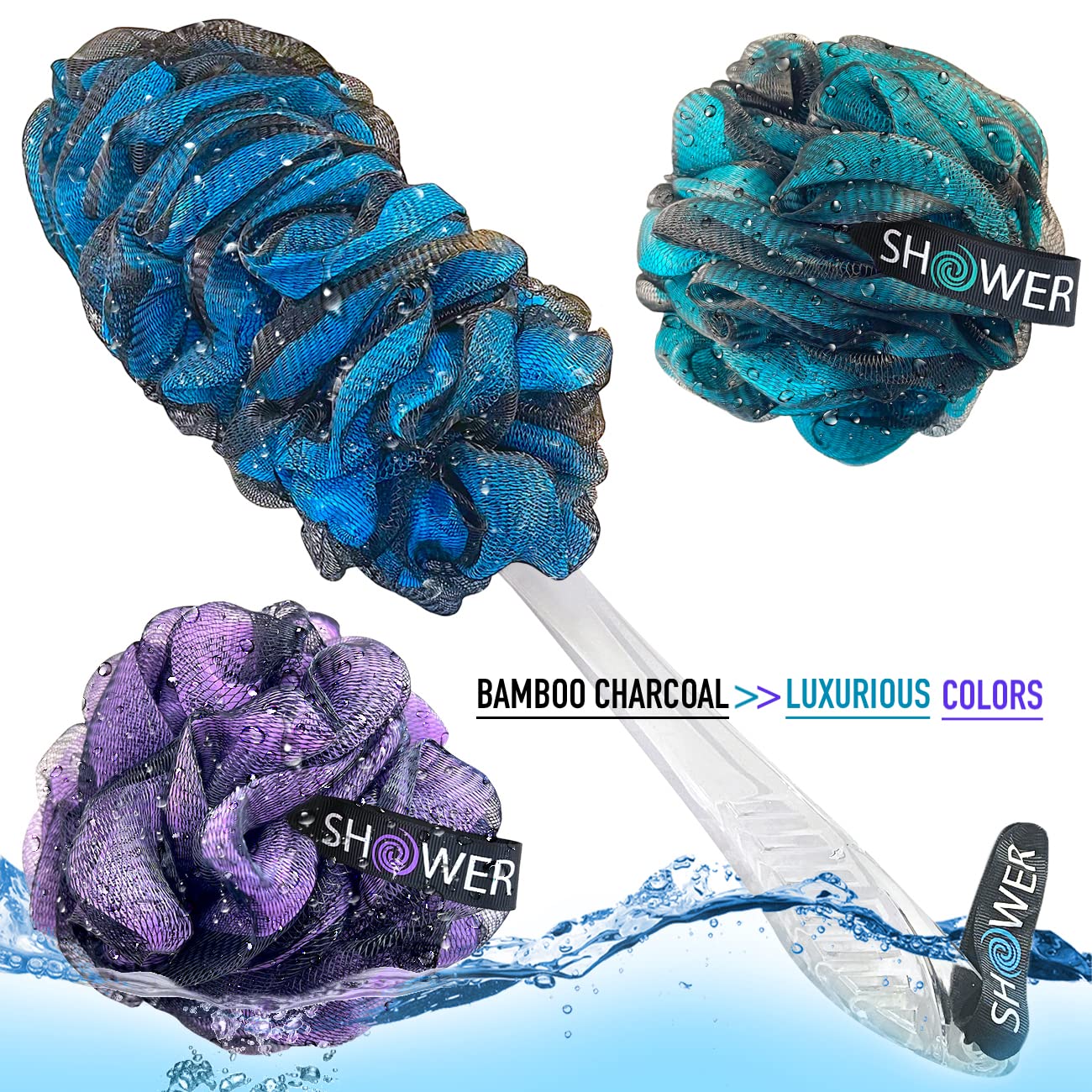 SHOWER BOUQUET Loofah-Charcoal Back-Scrubber & Bath-Sponge Color-Set // 1 Long-Handle-Back-Brush plus 2 Extra Large 75g Soft Mesh Loofa Lufa Loufa