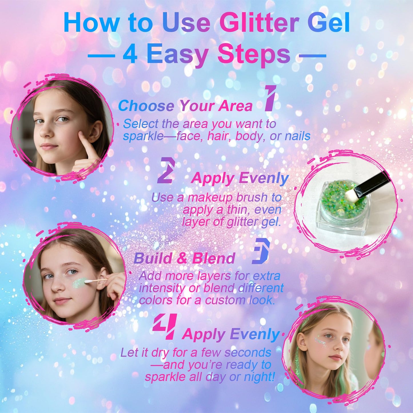 12 Colors Glitter Gel for Face, Body, Hair & Nails Makeup for Festival, Halloween, Party, Cosplay Easy to Apply & Wash Off Women, Teens & Kids