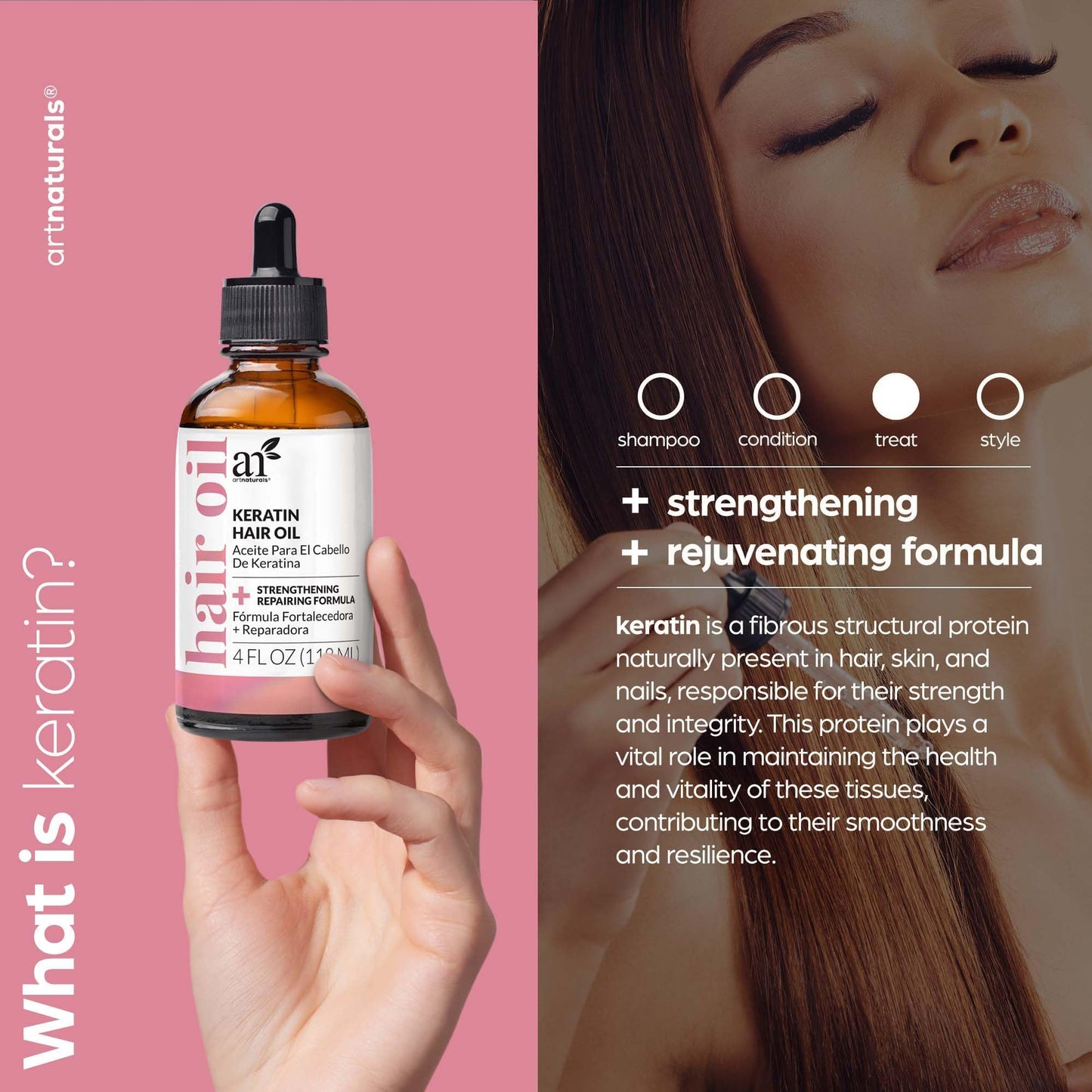 Artnaturals Keratin Hair Oil 4oz -Invigorating Nourishing Treatment for Hair & Scalp, Targeting Dryness, Damaged Hair, Split Ends - All Hair Types