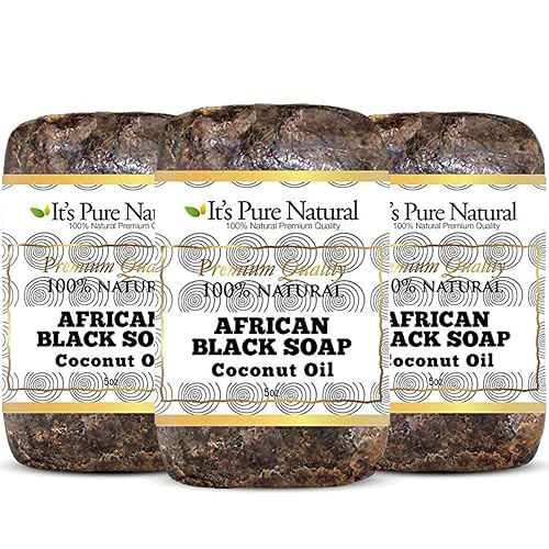 It's Pure Natural African Black Soap Bars with Coconut Oil (Pack of 3) Organic Raw Soap for Face & Body, Acne Treatment & Dark Spot Remover [Made in Beauty & Personal Care It's Pure Natural