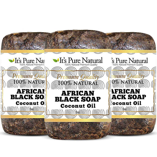 It's Pure Natural African Black Soap Bars with Coconut Oil (Pack of 3) Organic Raw Soap for Face & Body, Acne Treatment & Dark Spot Remover [Made in Beauty & Personal Care It's Pure Natural