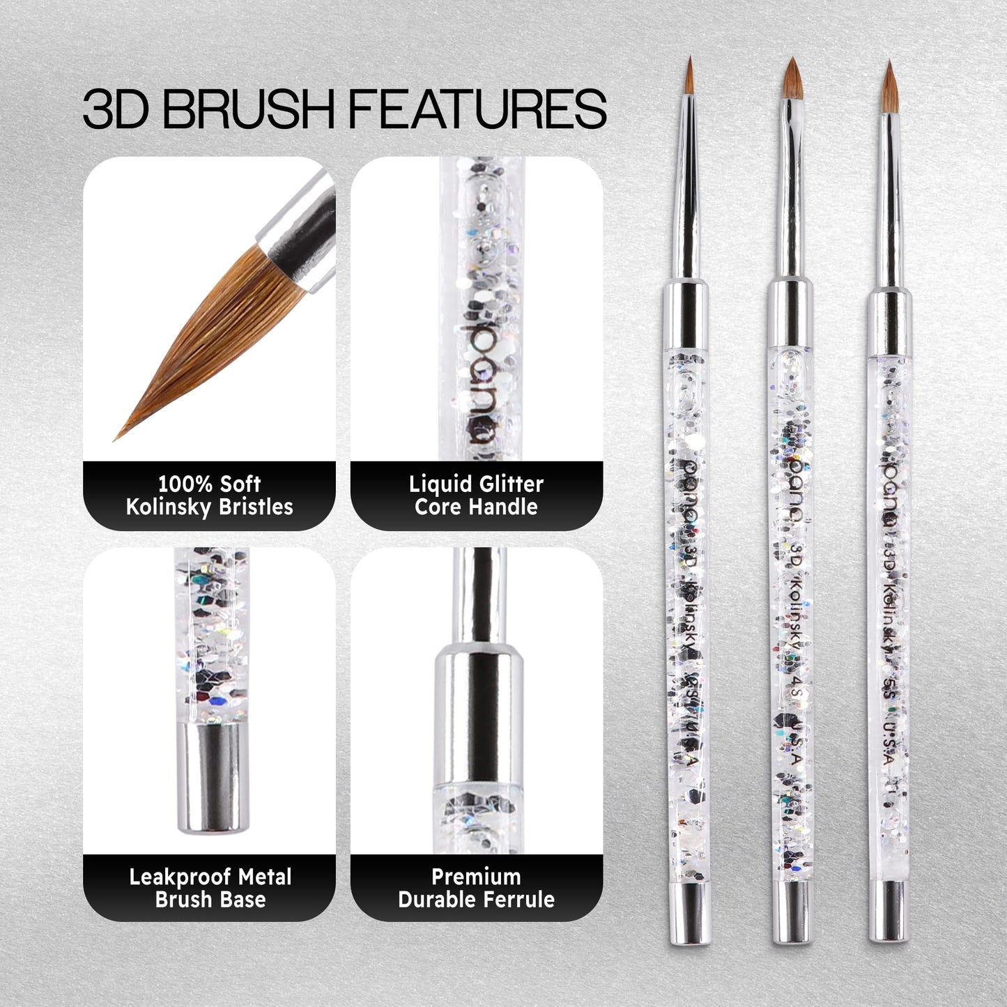 PANA 3D Kolinsky Nail Art Brush - Silver Glitter Handle, Size 4 - Acrylic Nail Art Sculpture Brush for Manicures Pedicure Salon Professional or