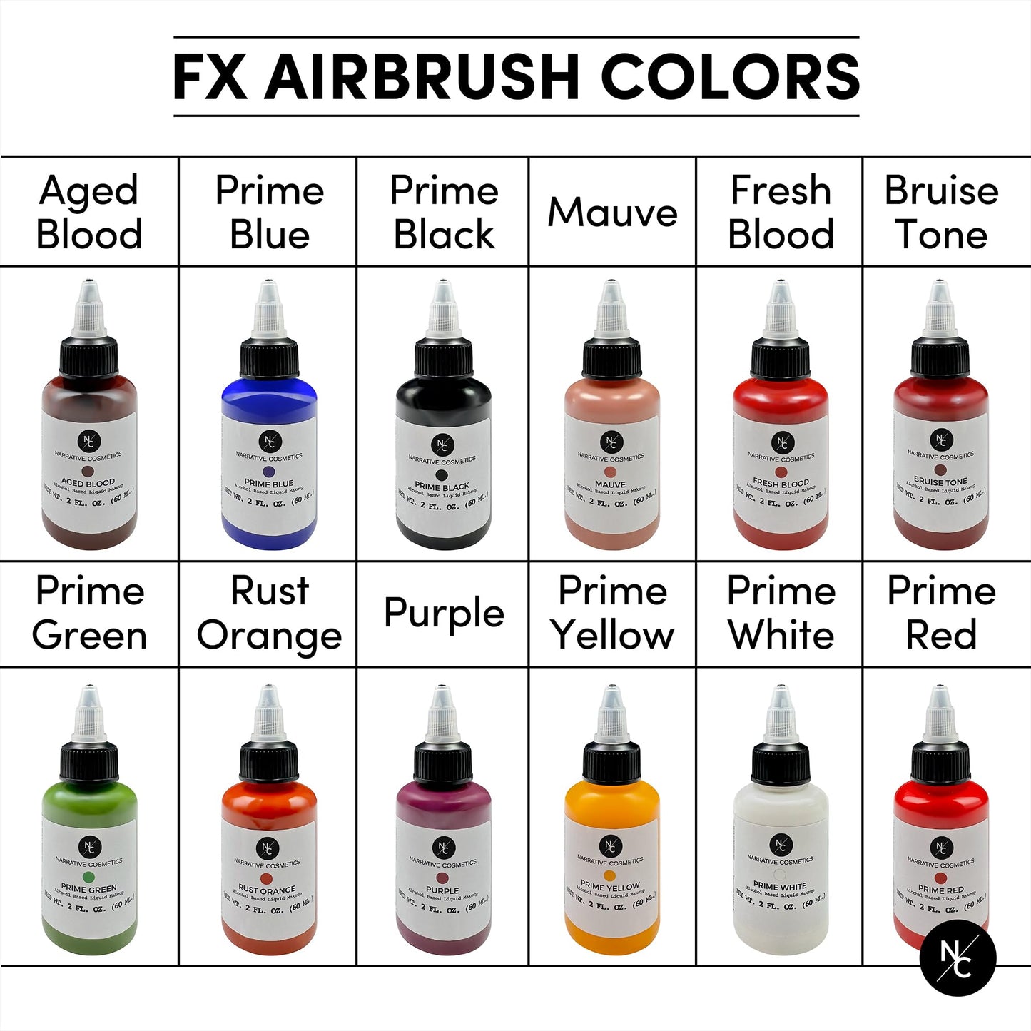 Narrative Cosmetics FX Alcohol Airbrush Paint - 2 fl oz | Waterproof, Quick-Dry, Skin-Safe Body & SFX Makeup | Brush or Sponge | Stage, Film