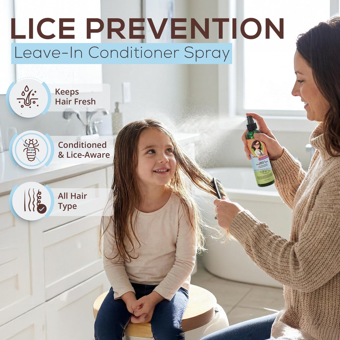 Mrs. Merlo Kids Lice Prevention Hair Care Set - Natural 2-in-1 Shampoo & Conditioner + Leave-In Detangler Spray - Gentle Daily Formula with Essential