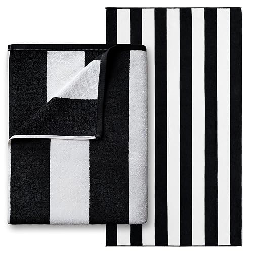 Beachland Luxury Large Beach Towel 40 x 72 inch - Extra Soft Cabana Stripe Hotel and Resort Style - Terry Yarn Dyed 100% Cotton (Black 1 Towel)