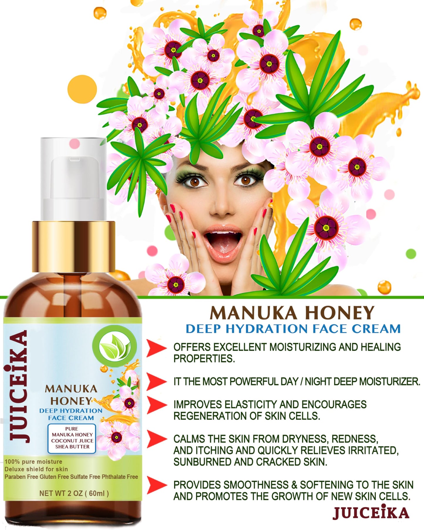 Juiceika MANUKA HONEY Deep Hydration Face Cream Face Moisturizer. Manuka Oil, Aloe Vera, Shea Butter, Coconut Oil, Jojoba Oil, Squalane, Hyaluronic