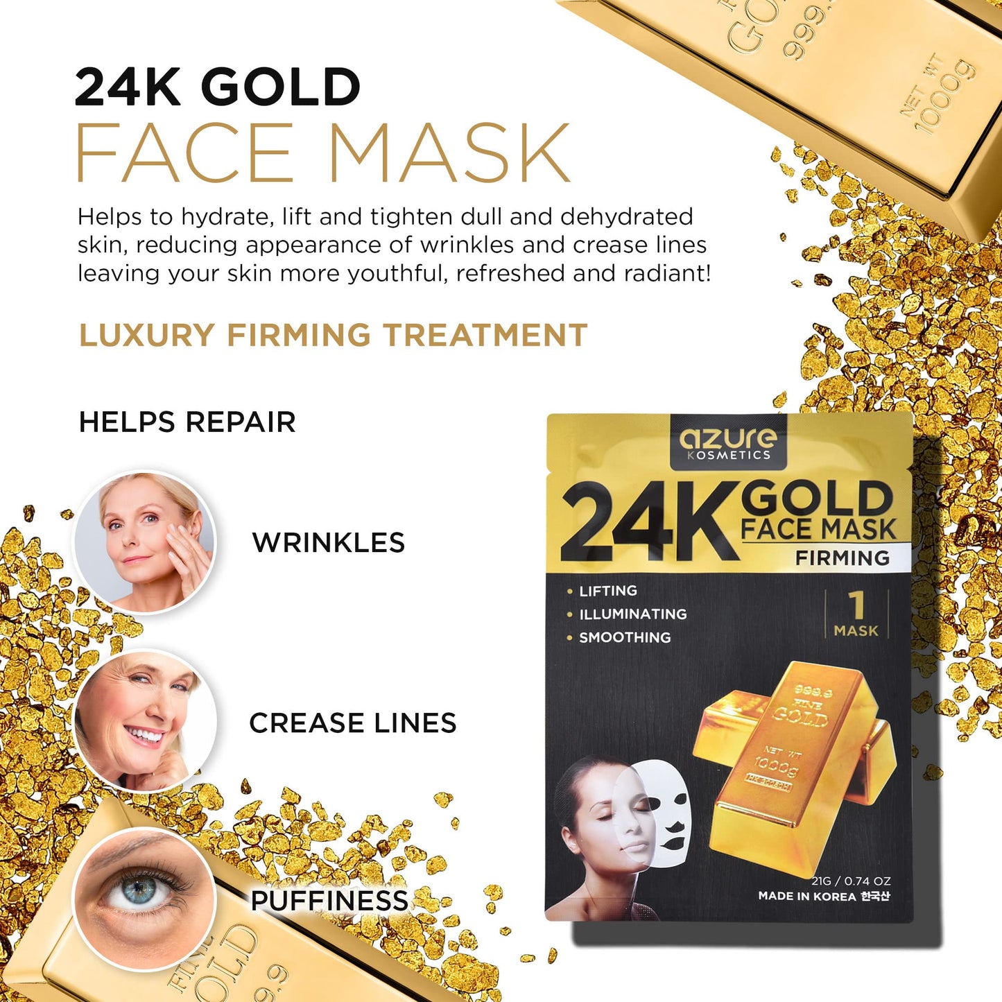 Azure Cosmetics 24K Gold Firming Face Mask- Anti Aging, Hydrating, Toning & Firming Facial Mask - Helps Reduce Wrinkles & Fine Lines with Hyaluronic