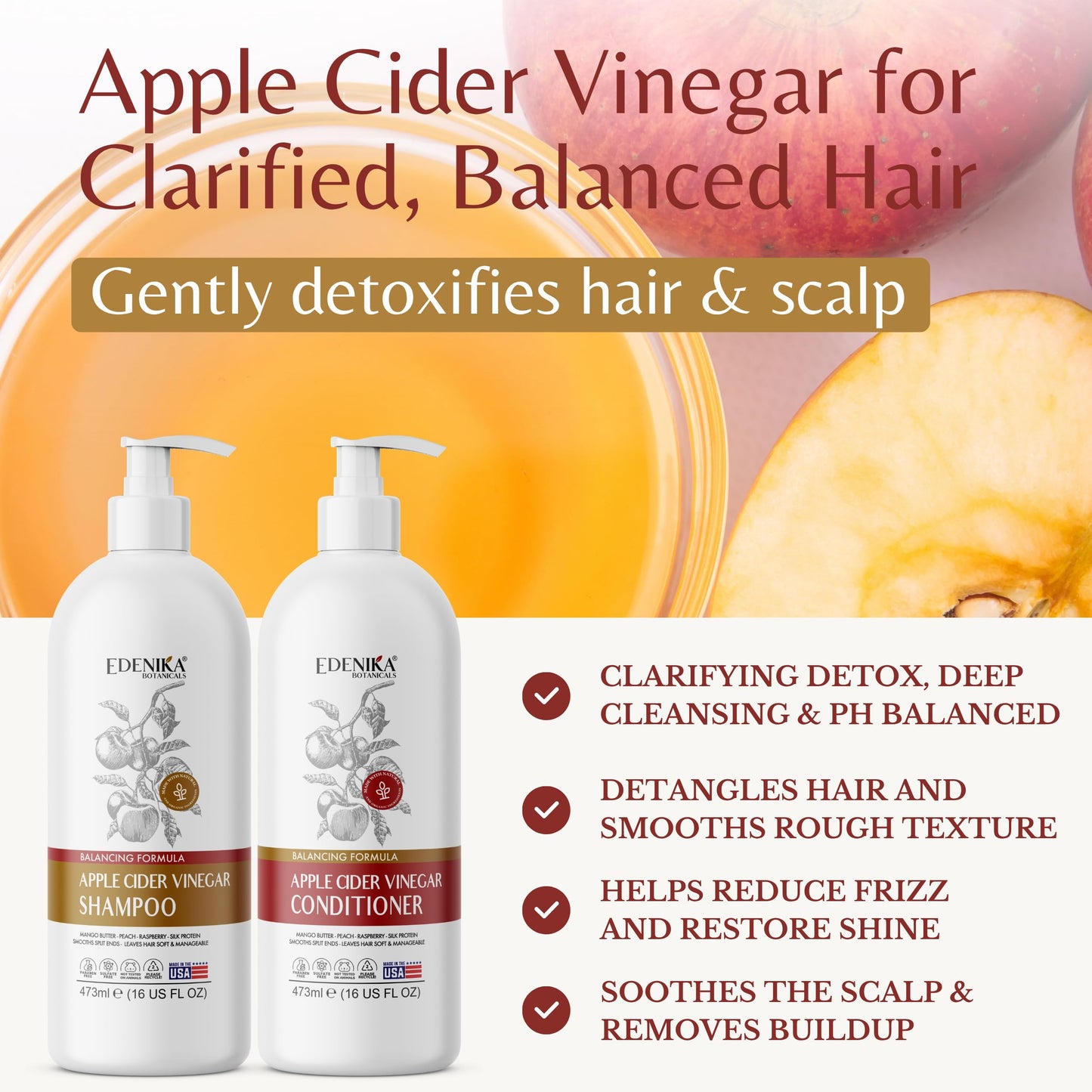 Edenika Botanicals Apple Cider Vinegar Shampoo and Conditioner Set, Deep Cleans, Clarifies, Detoxes Scalp & Hair, Balances pH, Botanical, Sulfate