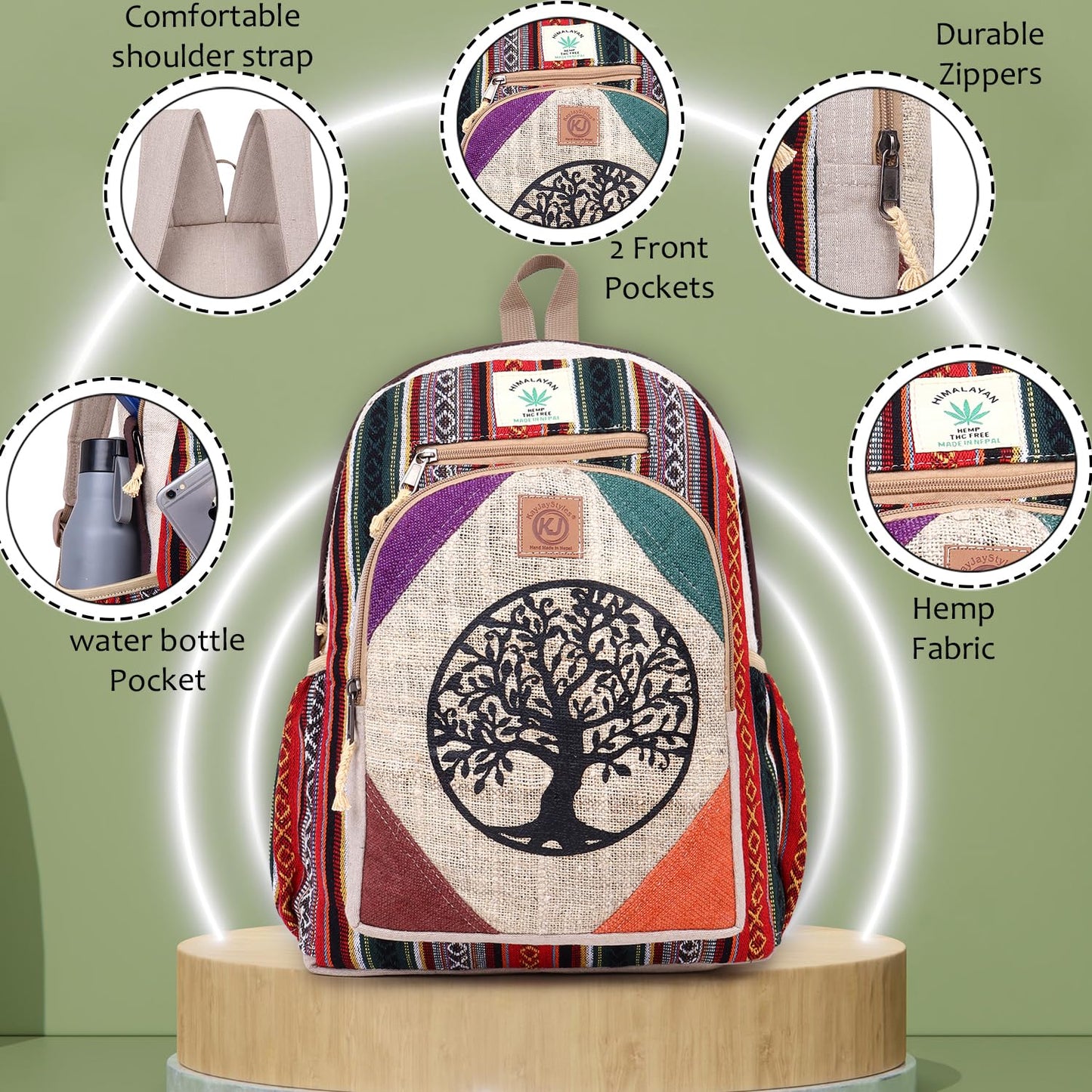 KayJayStyles Natural Handmade Large Multi Pocket Hemp Nepal Backpack (Tree Of Life)