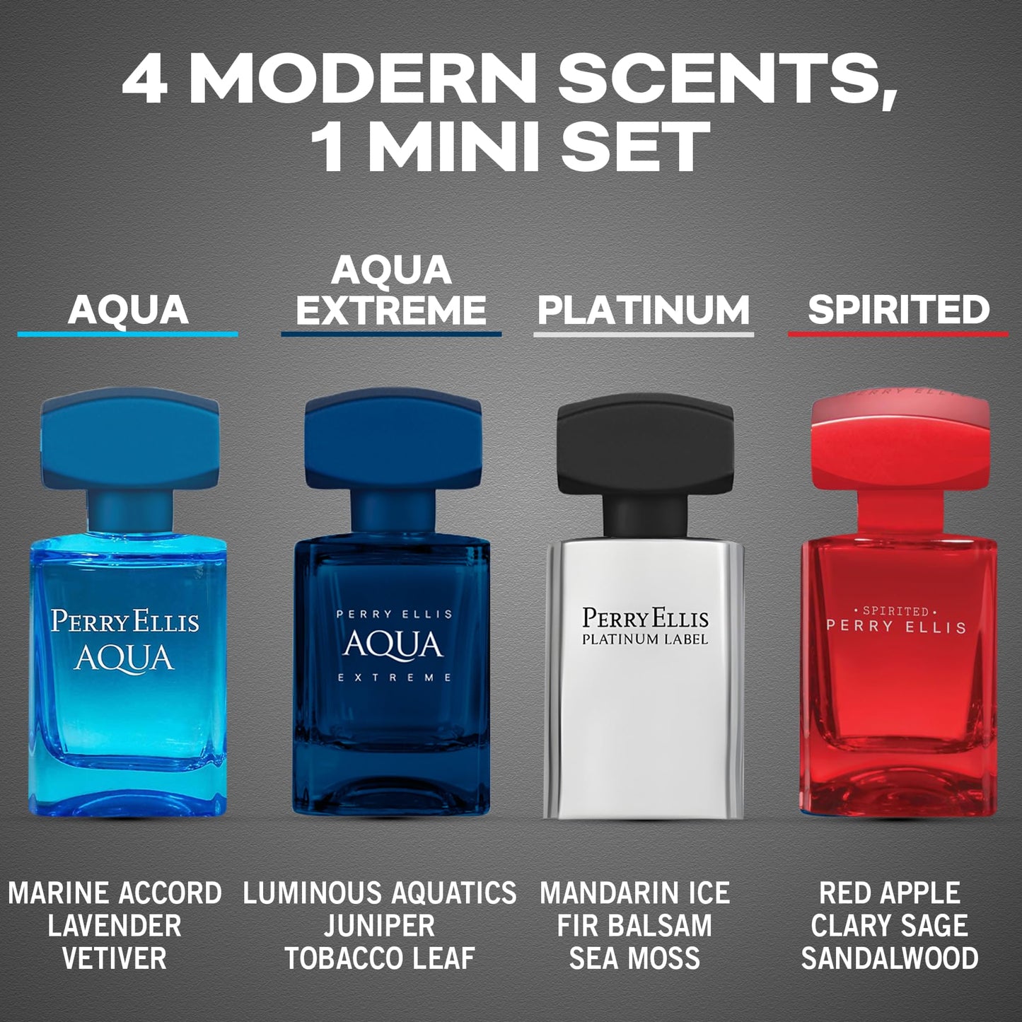 Perry Ellis Men's 4-Piece Mini Cologne Set for Men - Cologne Gift Sampler Set, EDT, Perfume Samples, Travel Size - Aqua, Aqua Extreme, Platinum