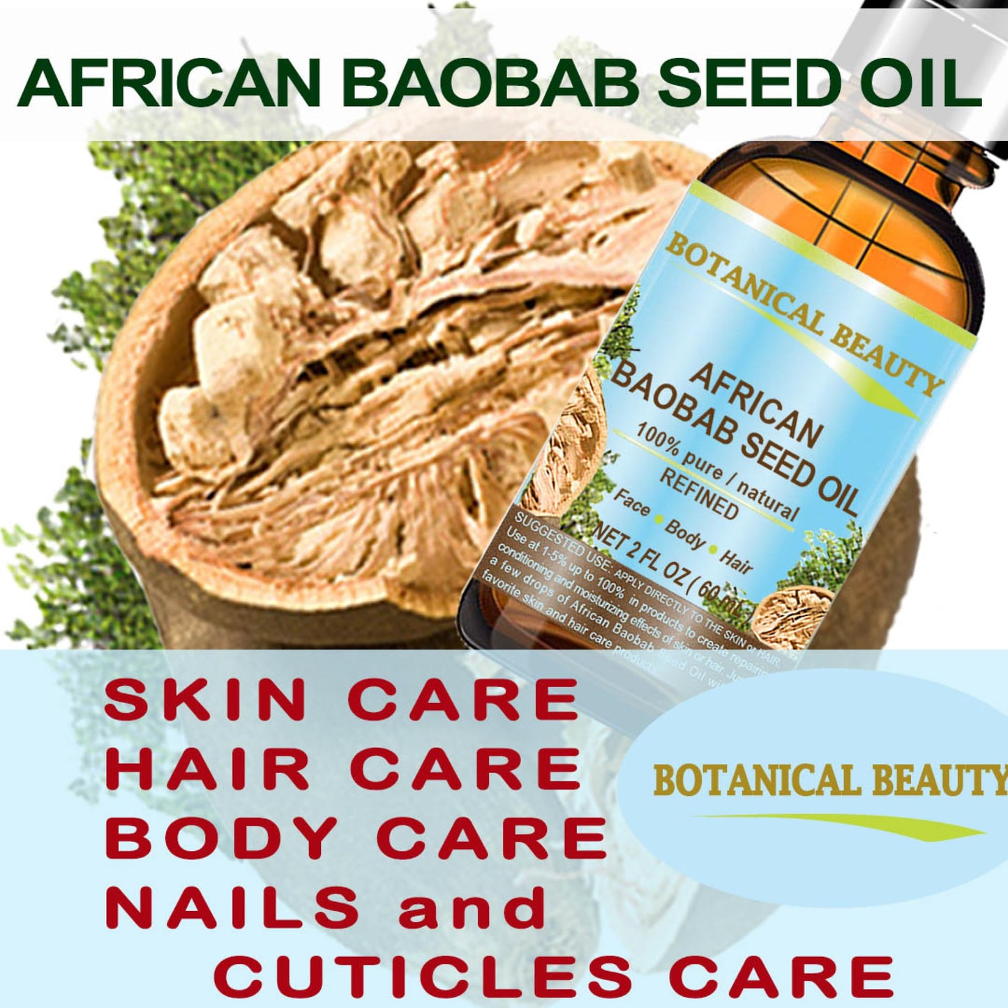 Botanical Beauty BAOBAB SEED OIL 100% Pure Natural Refined Cold-Pressed Carrier Oil 0.5 Fl oz 15 ml For Face Skin Body Hair Lip Nails Rich in Vitamin