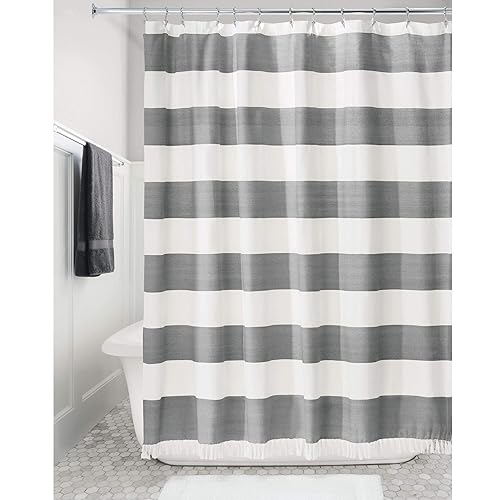 iDesign Wide Stripe Fabric Shower Curtain with Tassels, Fringe for Master, Guest, Kids' Bathrooms, Bathtubs, Stalls, Charcoal