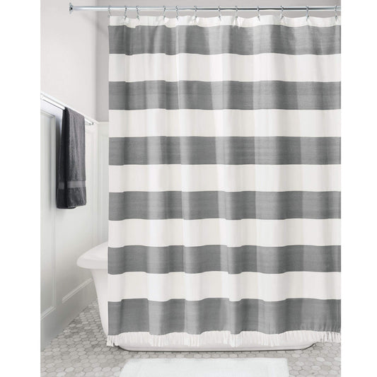 iDesign Wide Stripe Fabric Shower Curtain with Tassels, Fringe for Master, Guest, Kids' Bathrooms, Bathtubs, Stalls, Charcoal