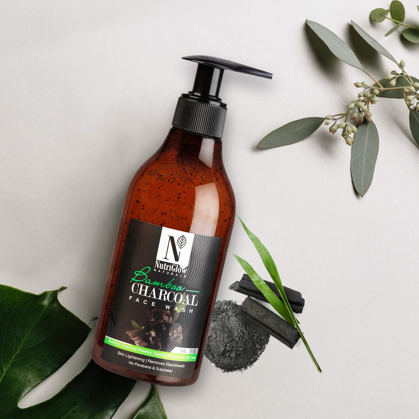NUTRIGLOW NATURAL'S Bamboo & Charcoal Acne Face Wash With Rasberry Seed Oil, Jojoba Ester, Sandalwood & Aloe vera, Smoothen & Detox, Skin Lightening