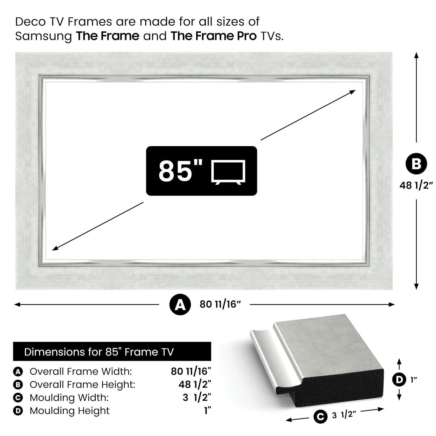 Contemporary Silver 85" Premiere Deco TV Frame - Compatible ONLY with Samsung The Frame TV and Pro TVs (Fits 2021-2025, LS03A,