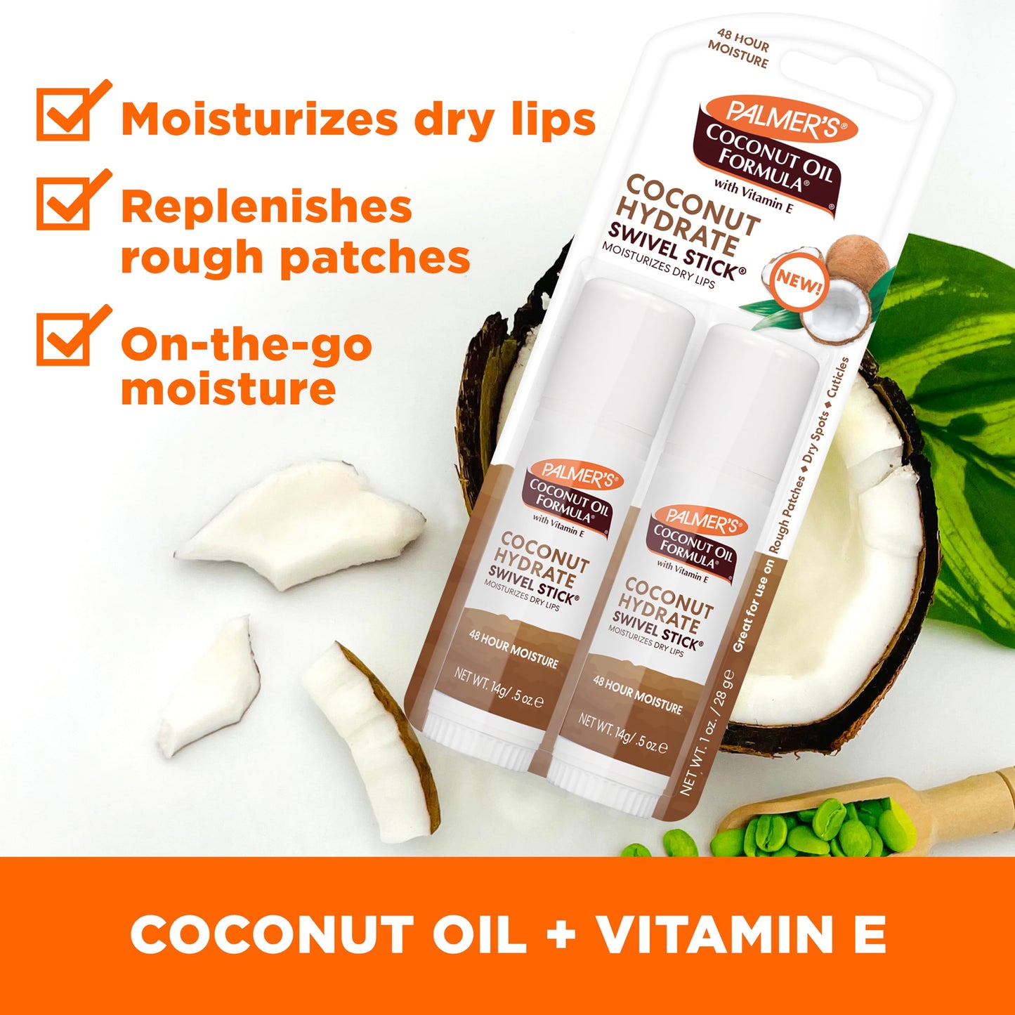 Palmer's Coconut Oil Formula Moisturizing Swivel Stick with Vitamin E, Lip Balm, Face & Body Moisturizer Stick, Ideal for Treating Dry Skin Patches