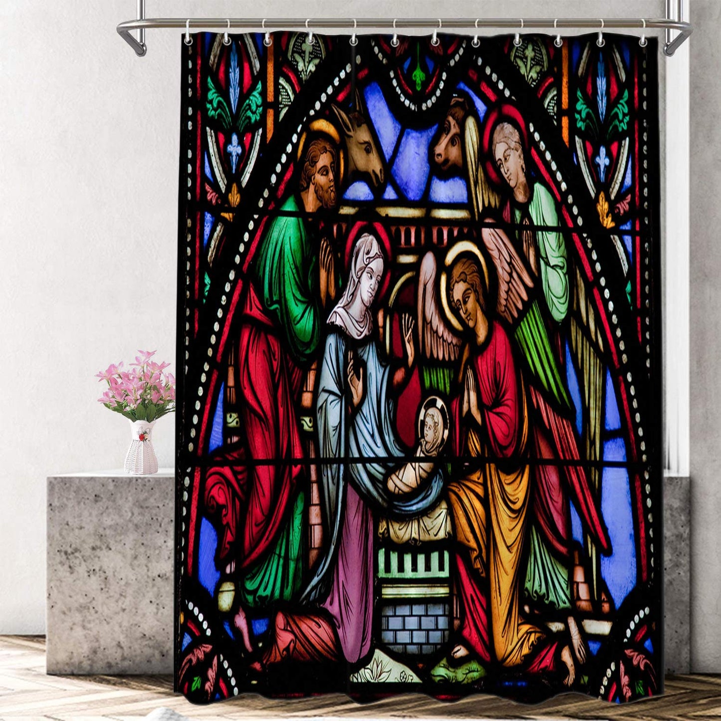 BaoNews Christmas Decorative Shower Curtain, Christmas Stained Glass AngelDecor Shower Curtain for Shower Stall Bathroom Resistant Waterpro…