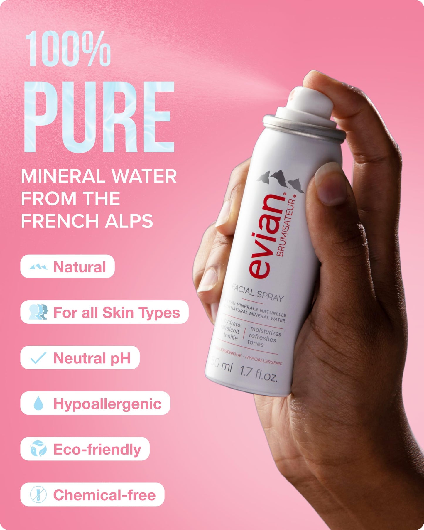 BRUMISATEUR Evian Facial Spray 24/7 Kit - Hydrating Mineral Water Mist for Face & Skin - Refreshes Makeup, Sets, & Tones - Travel-Friendly Sizes