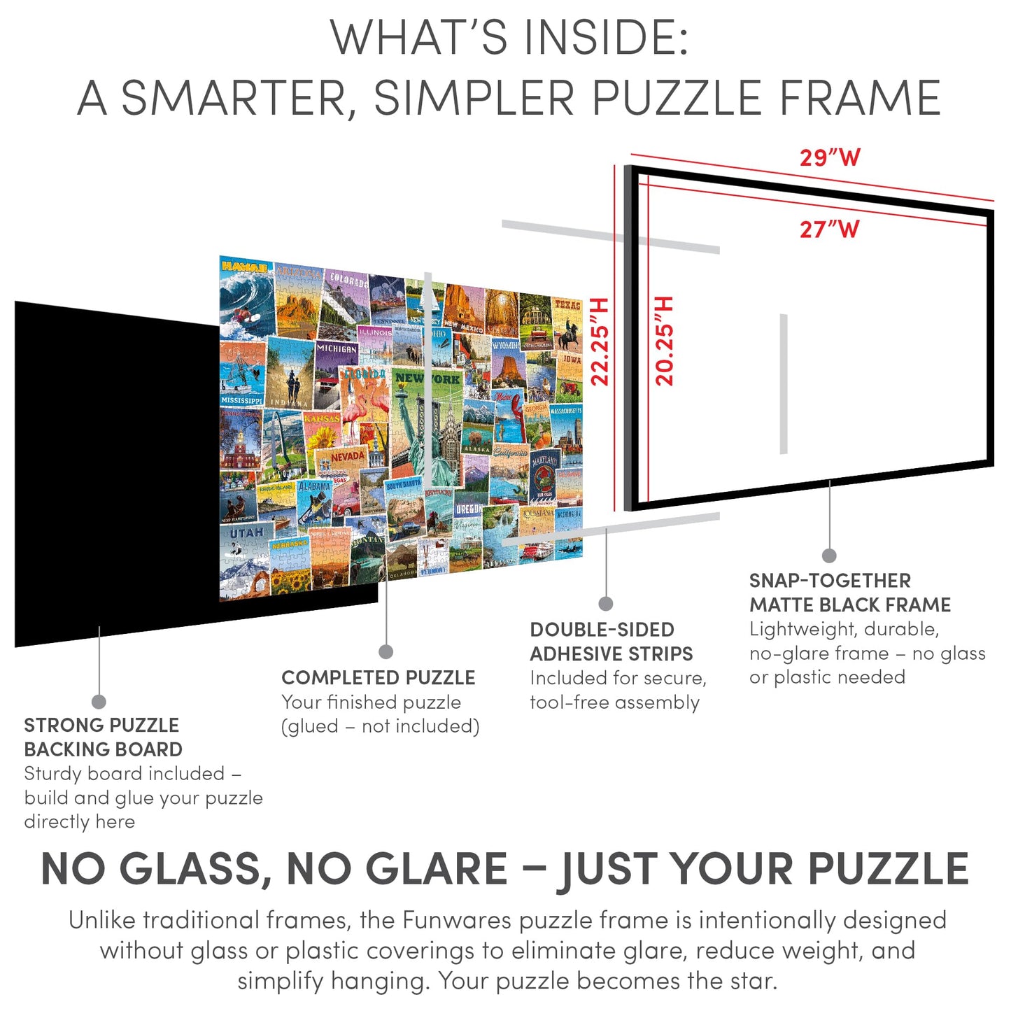 Funwares 20x27 Puzzle Frame – Matte Black Finish, Easy Assembly, Lightweight, Fits Most 1000 Piece Jigsaws, Built-In Hanging Hooks