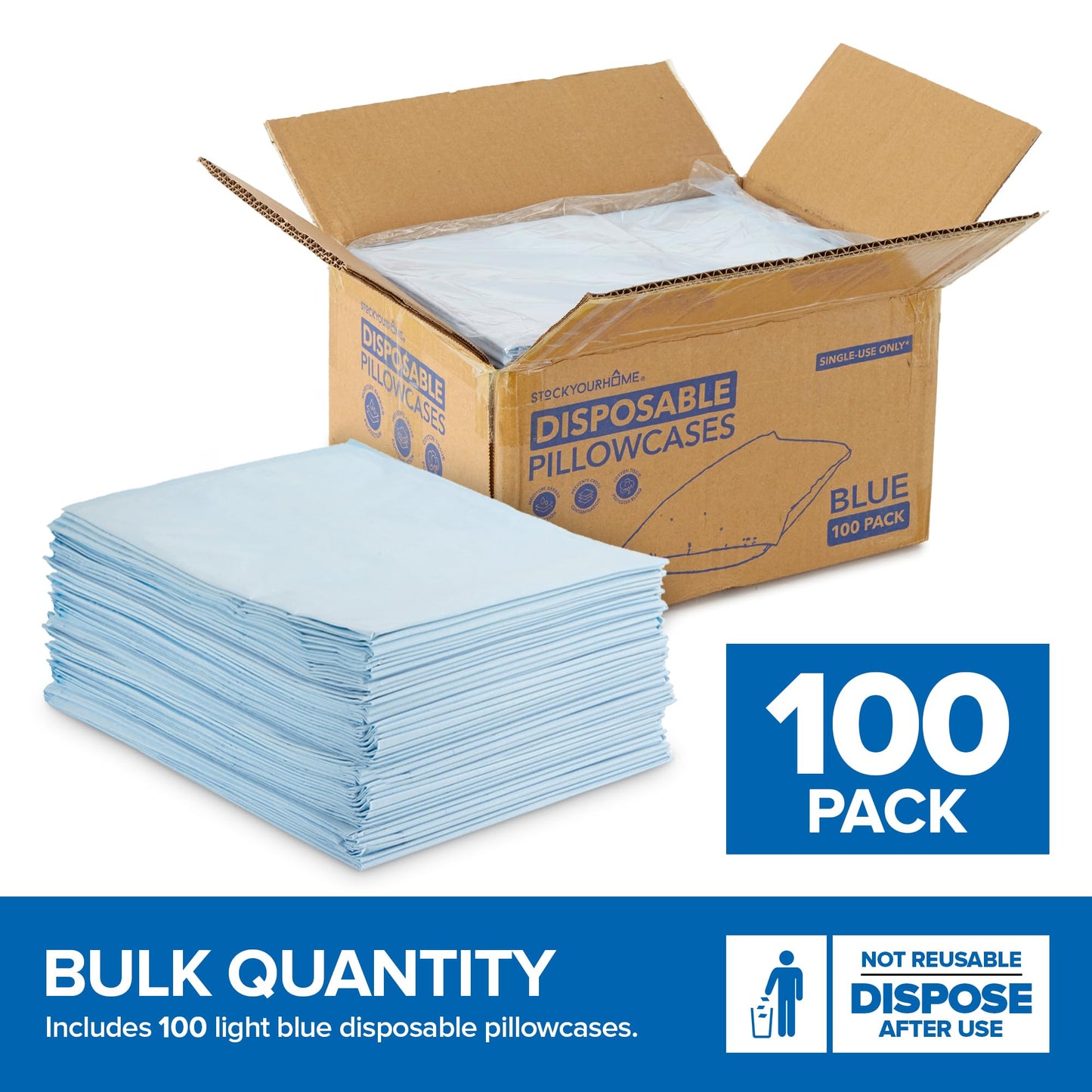 Stock Your Home (100 Count) Disposable Pillow Case Covers, Tissue/Poly 21" x 30" Standard Size, Single-Use Pillowcases with Moisture Barrier in Blue