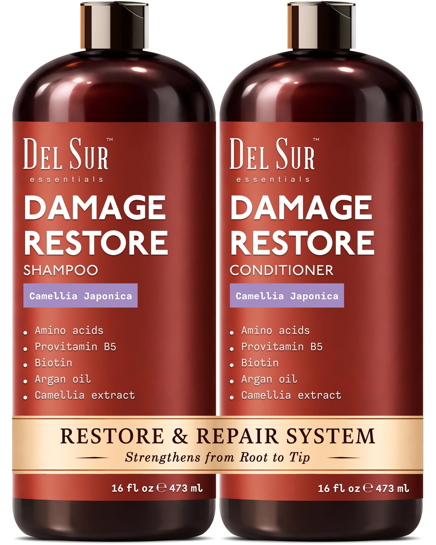 DEL SUR Hair Repair Shampoo and Conditioner Set | 16 fl oz Each | with Camellia Japonica, Amino Acids, Biotin & Argan Oil | Moisturizing Strength